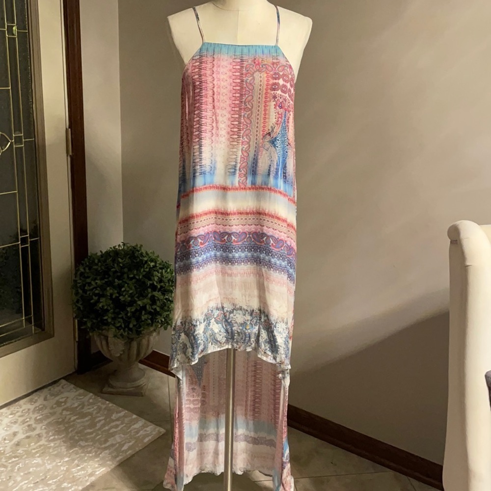 Sundress high low silhouette. Multi blue pink colors. Square neckline size M
